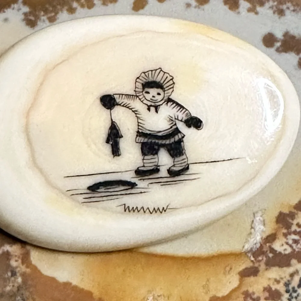 Peter Kuniliusee Clyde River vintage scrimshaw brooch little Eskimo ice fishing